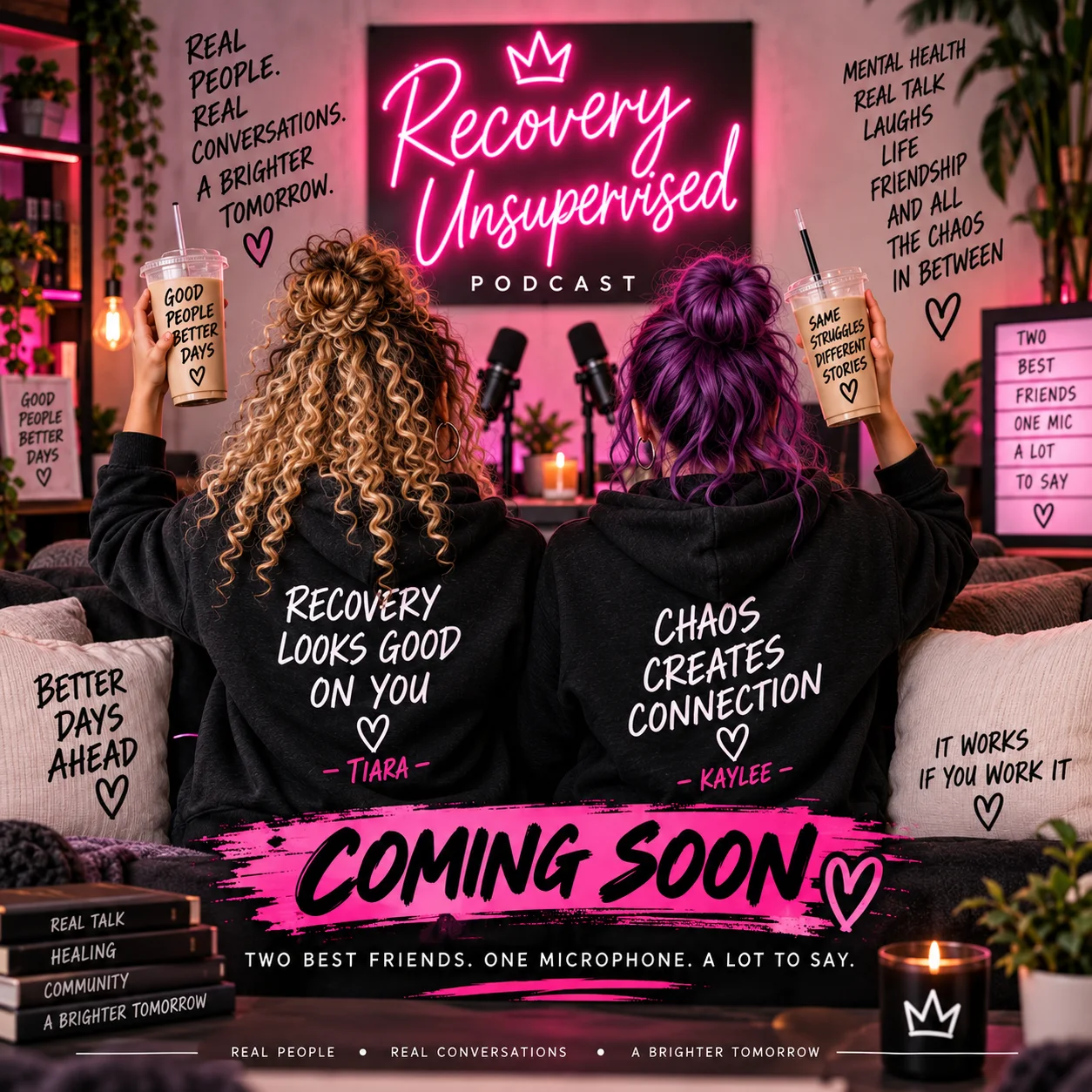 Kaylee and Tiara previewing Recovery Unsupervised hoodies and tumblers